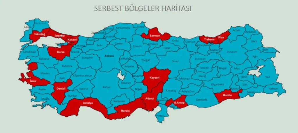 Türkiyedeki Serbest Bölgeleri gösteren Türkiye haritası.